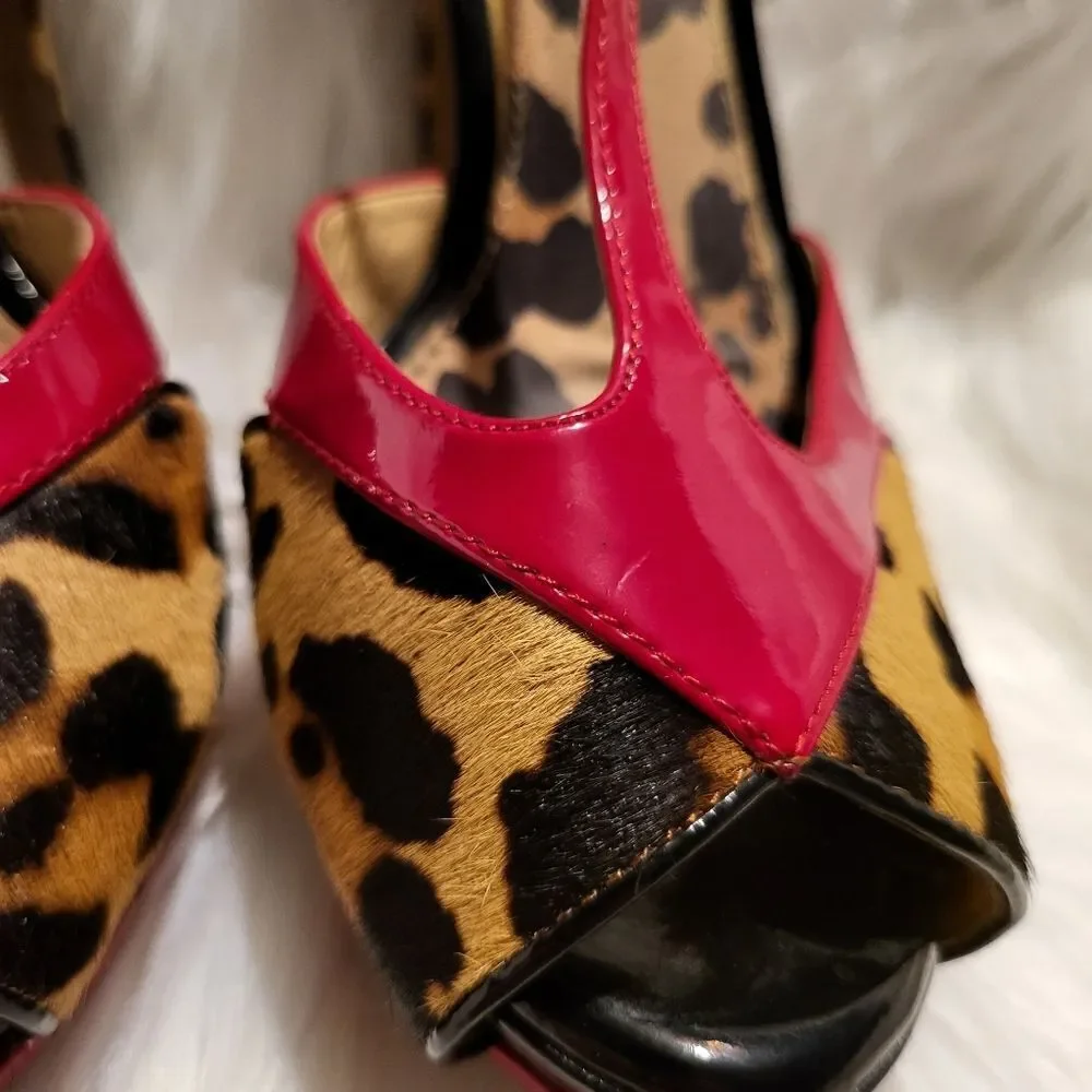 Gianni Bini Leopard Print Heels Red Patent Leather Straps Size 7.5M